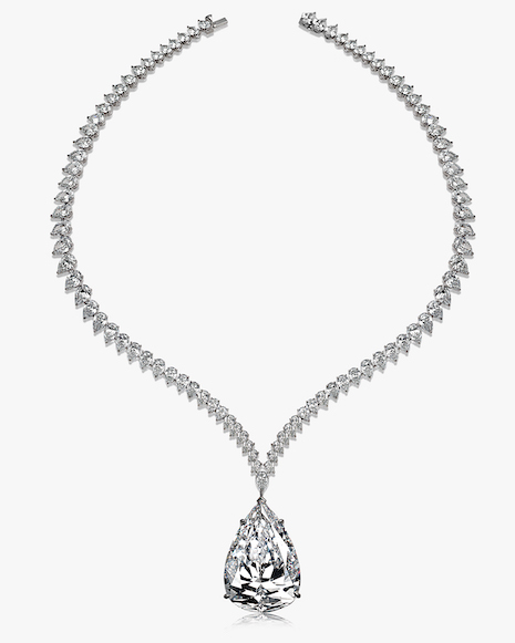 Its first-ever high jewelry collection features a GIA-certified platinum drop necklace with a large pear shaped diamond drop. Image courtesy of Saks Fifth Avenue